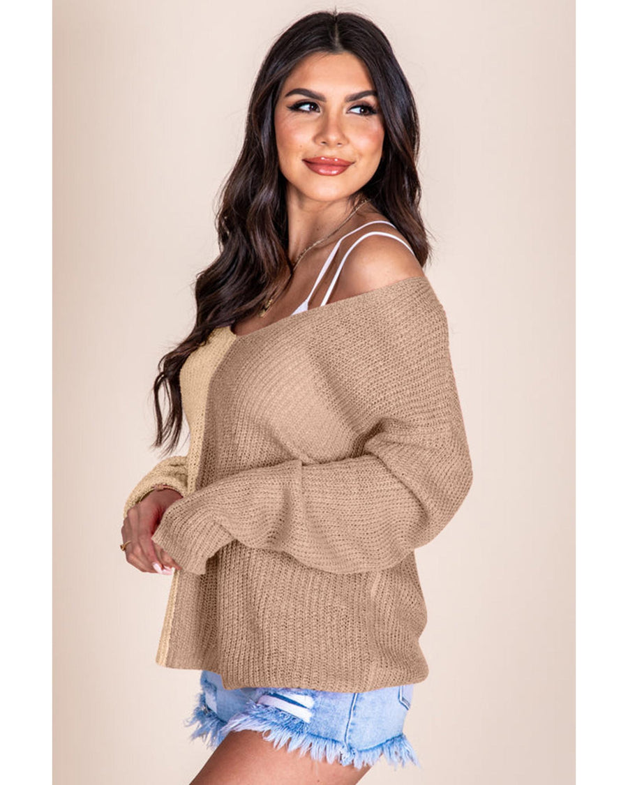 Khaki Long Sleeve V-Neck Colorblock Sweater - L