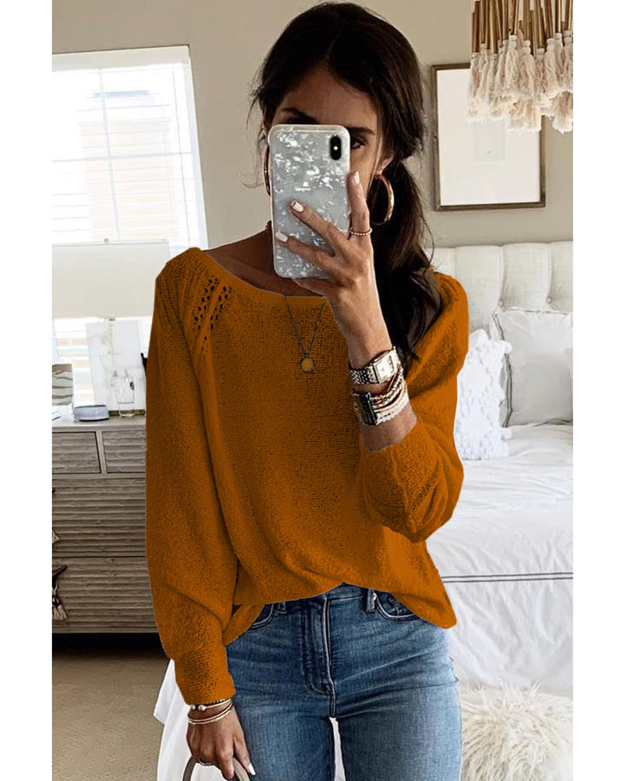 Brown Long Sleeve Cutout Shoulder Relaxed Sweater - XL