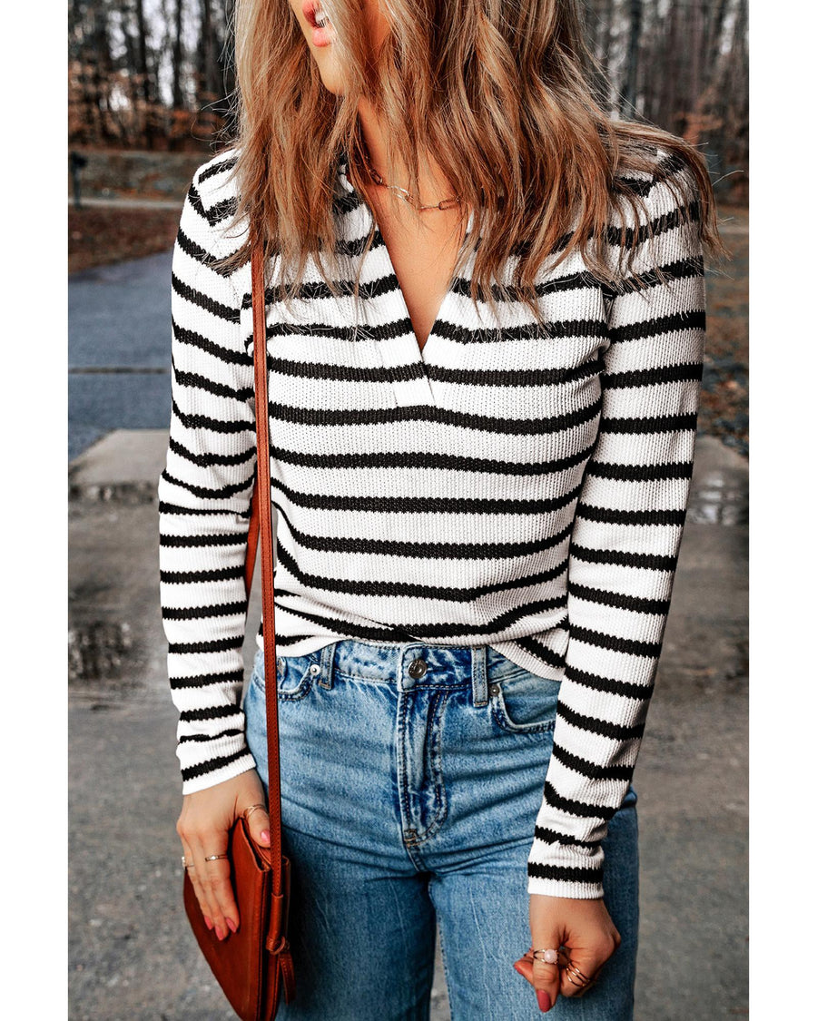 Stripe Collared V Neck Lightweight Knit Casual Sweater - M