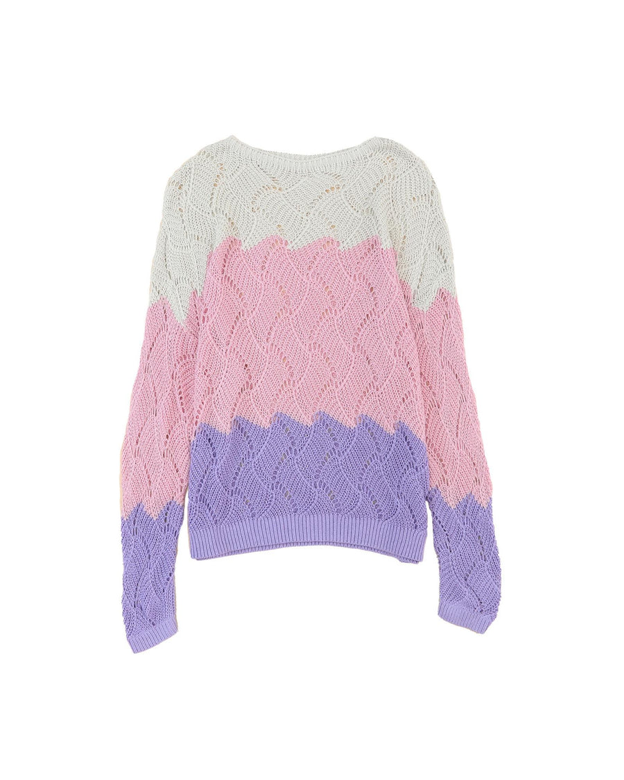 Pink Color Block Hollow Knitted Loose Sweater - L
