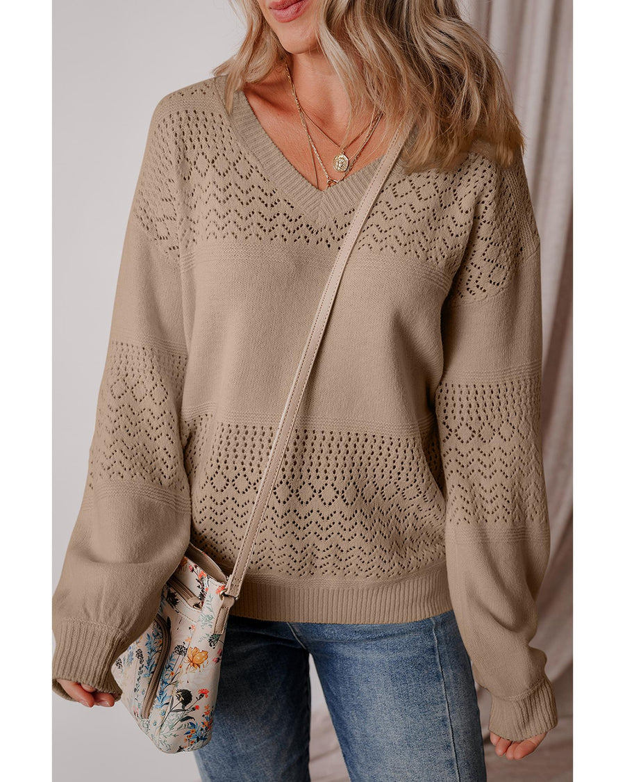 Camel Eyelet Pattern Detail V Neck Drop Shoulder Sweater - L