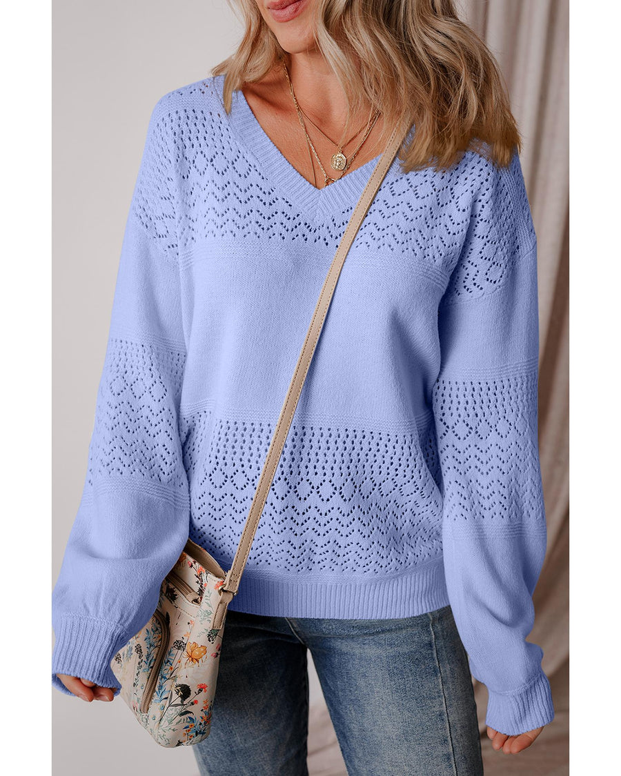 Sky Blue Eyelet Pattern Detail V Neck Drop Shoulder Sweater - M