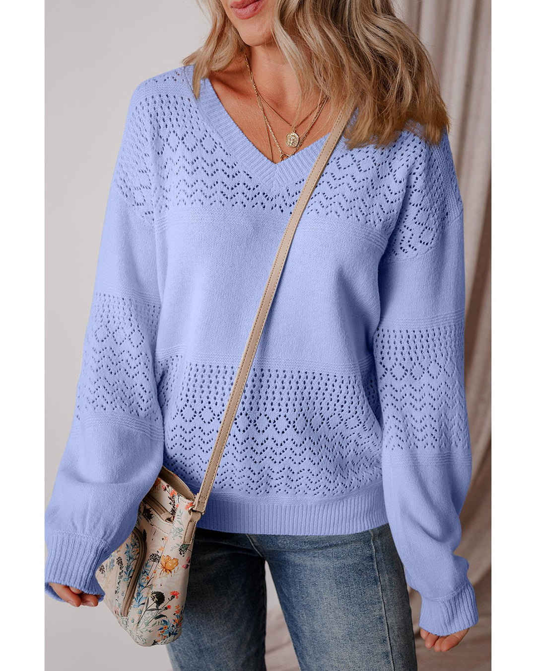 Sky Blue Eyelet Pattern Detail V Neck Drop Shoulder Sweater - S