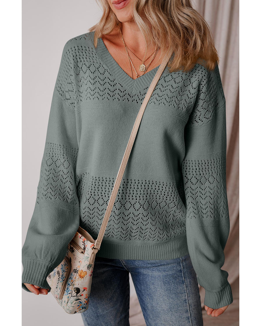 Mist Green Eyelet Pattern Detail V Neck Drop Shoulder Sweater - S
