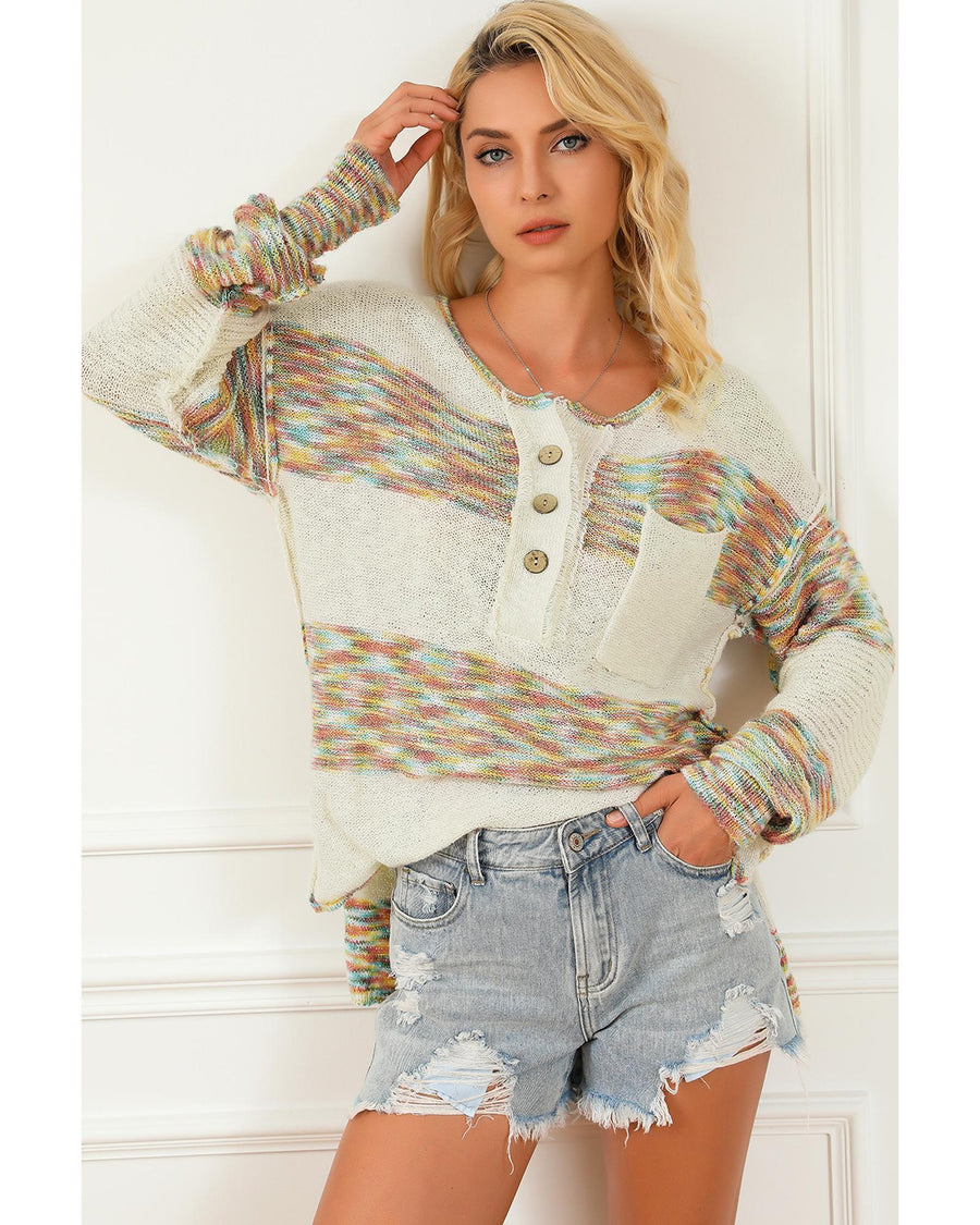 Multicolor Space Dye Henley Knit Sweater - XL
