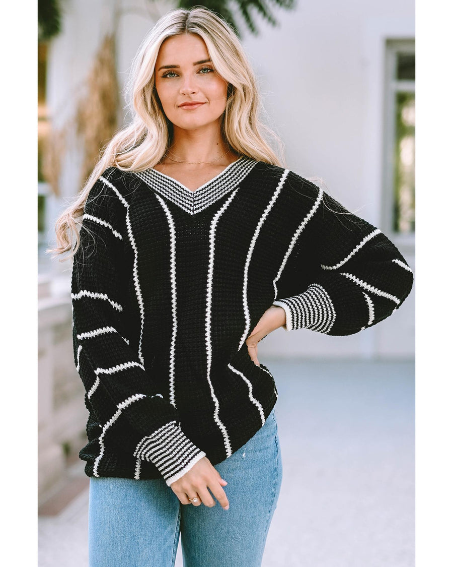 Black Colorblock Striped V Neck Knitted Loose Sweater - 2XL