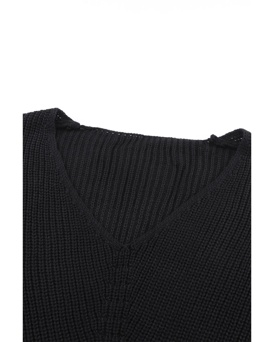Black Ribbed Knit V Neck Sweater - M