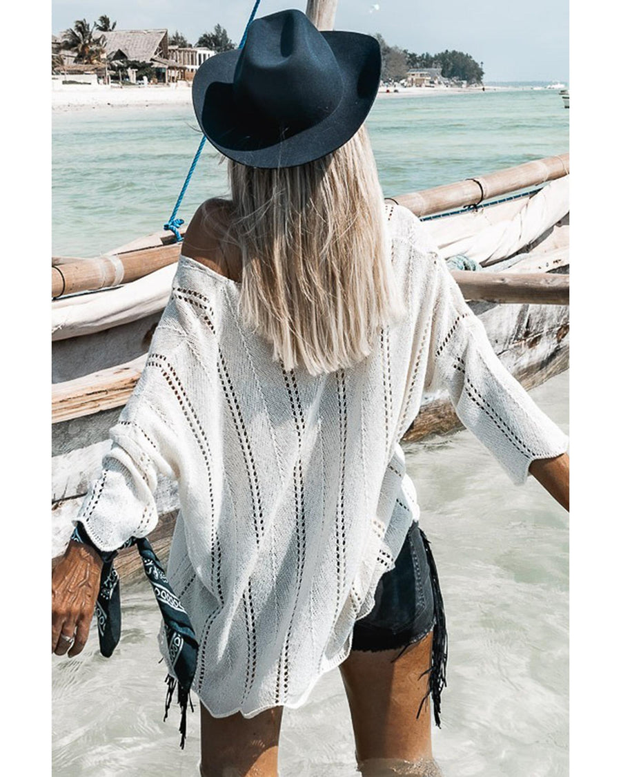 White Hollowed Detail Knitted Loose V Neck Sweater - S