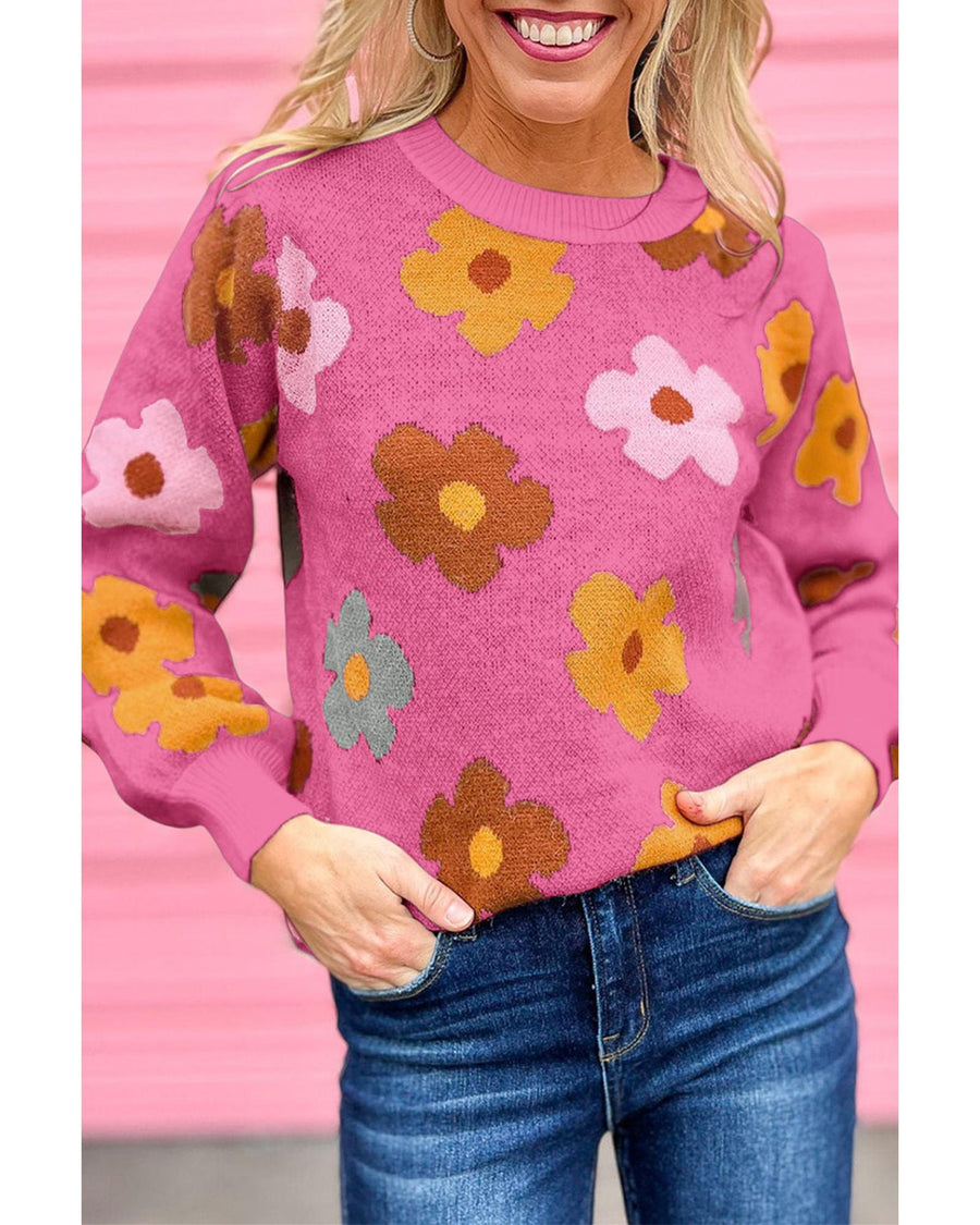 Pink Sweet Flower Knitted Ribbed Hem Sweater - L