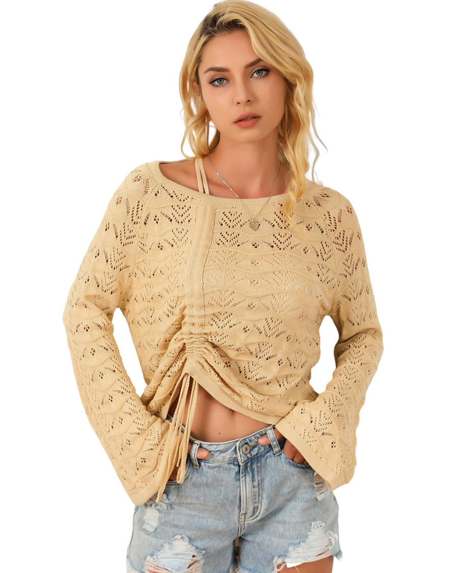 Khaki Hollowed Knit Asymmetric Drawstring Sweater - XL
