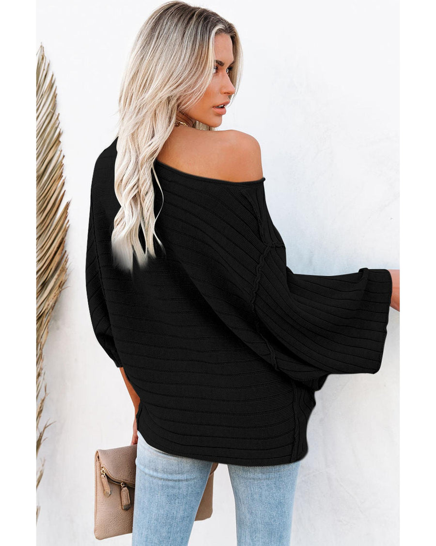 Black Exposed Seam Ribbed Knit Dolman Top - M