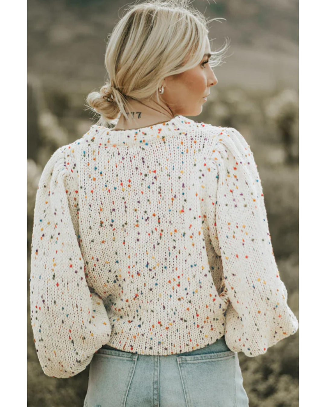 Beige Colorful Dots Cable Knit Crew Neck Sweater - XL