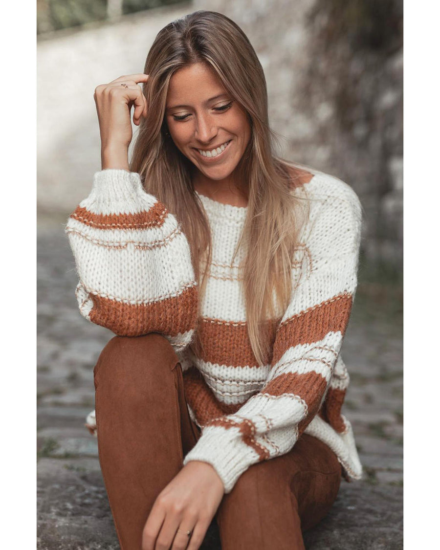 White Striped Knit Puff Sleeve Casual Sweater - M