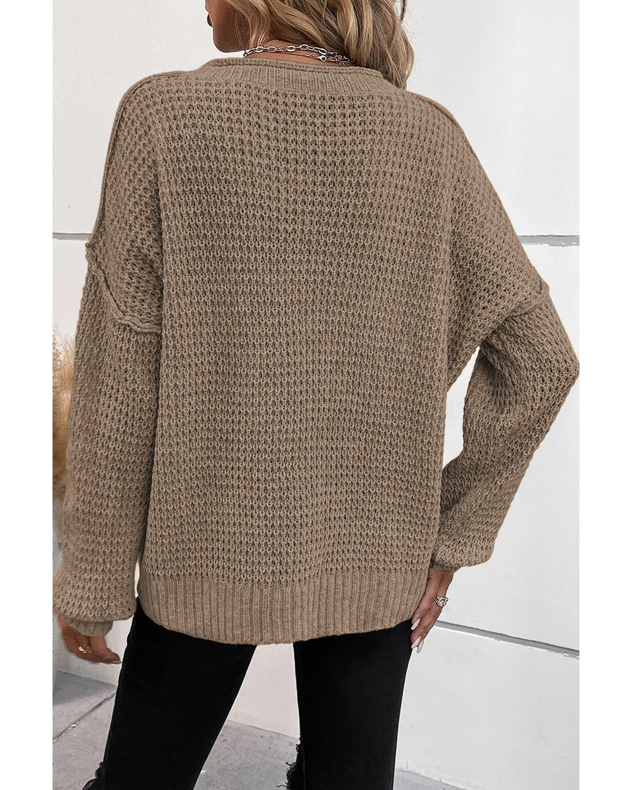 Khaki Pointelle Knit Button V Neck Drop Shoulder Sweater - L