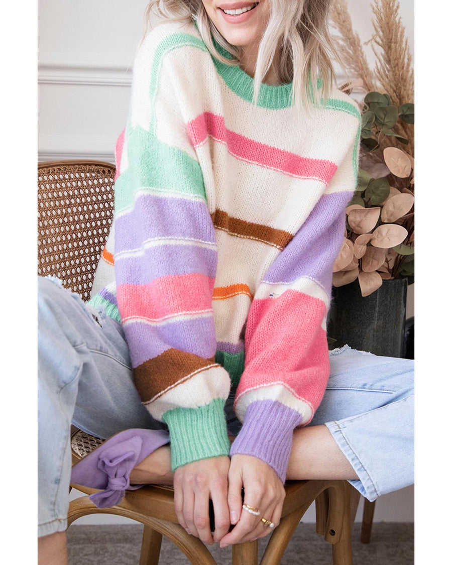 Multicolor Striped Colorblock Drop Shoulder Sweater - M