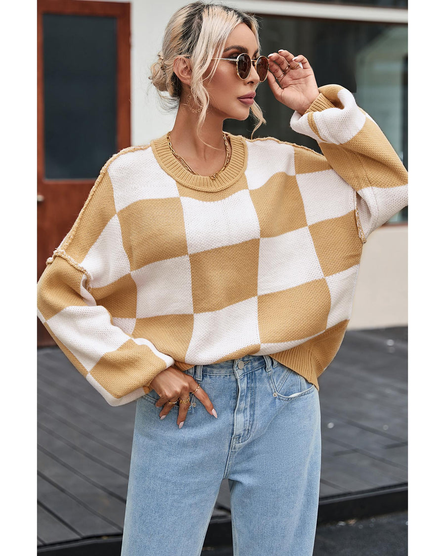 Khaki Checkered Bishop Sleeve Sweater - M