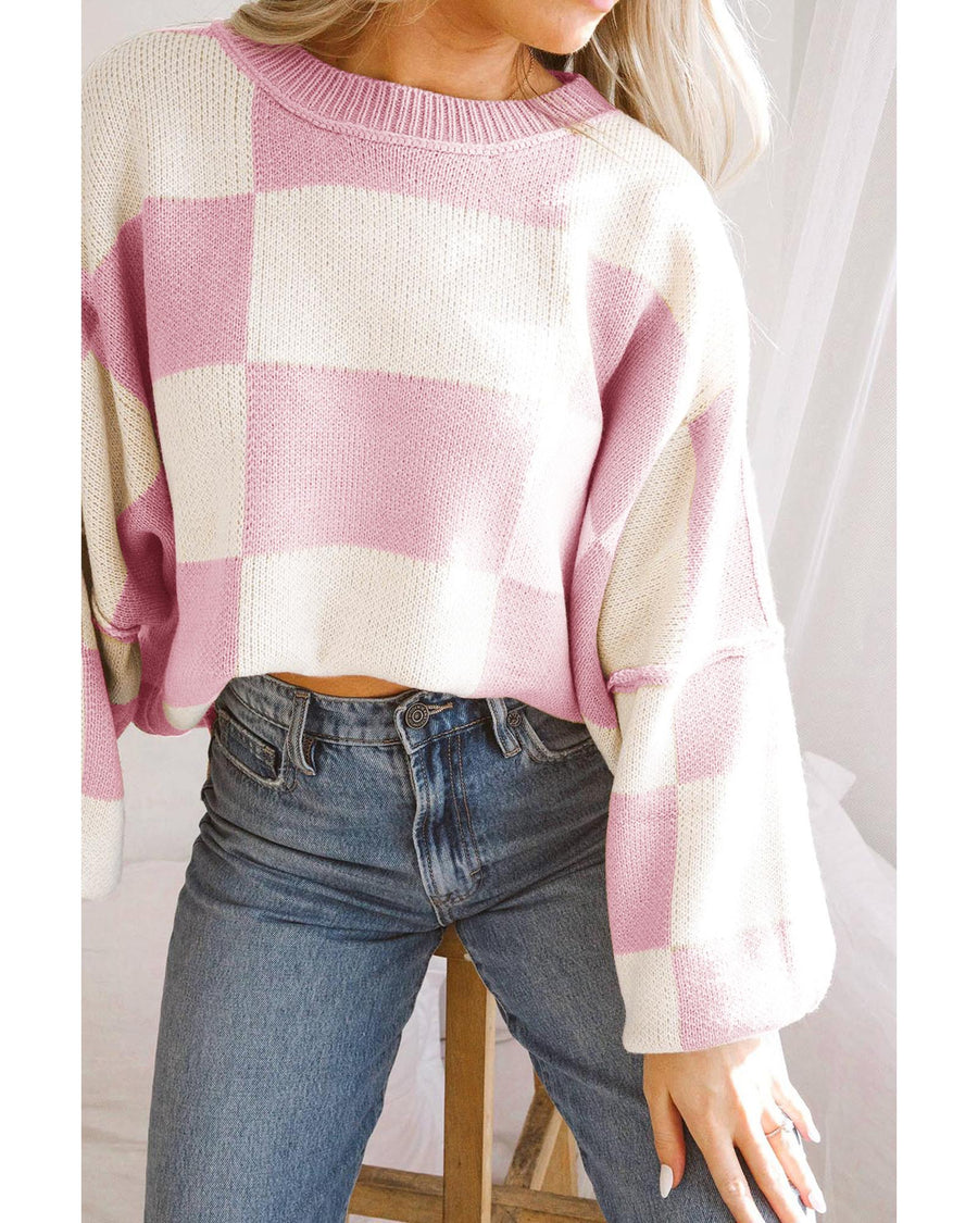 Pink Checkered Bishop Sleeve Sweater - S