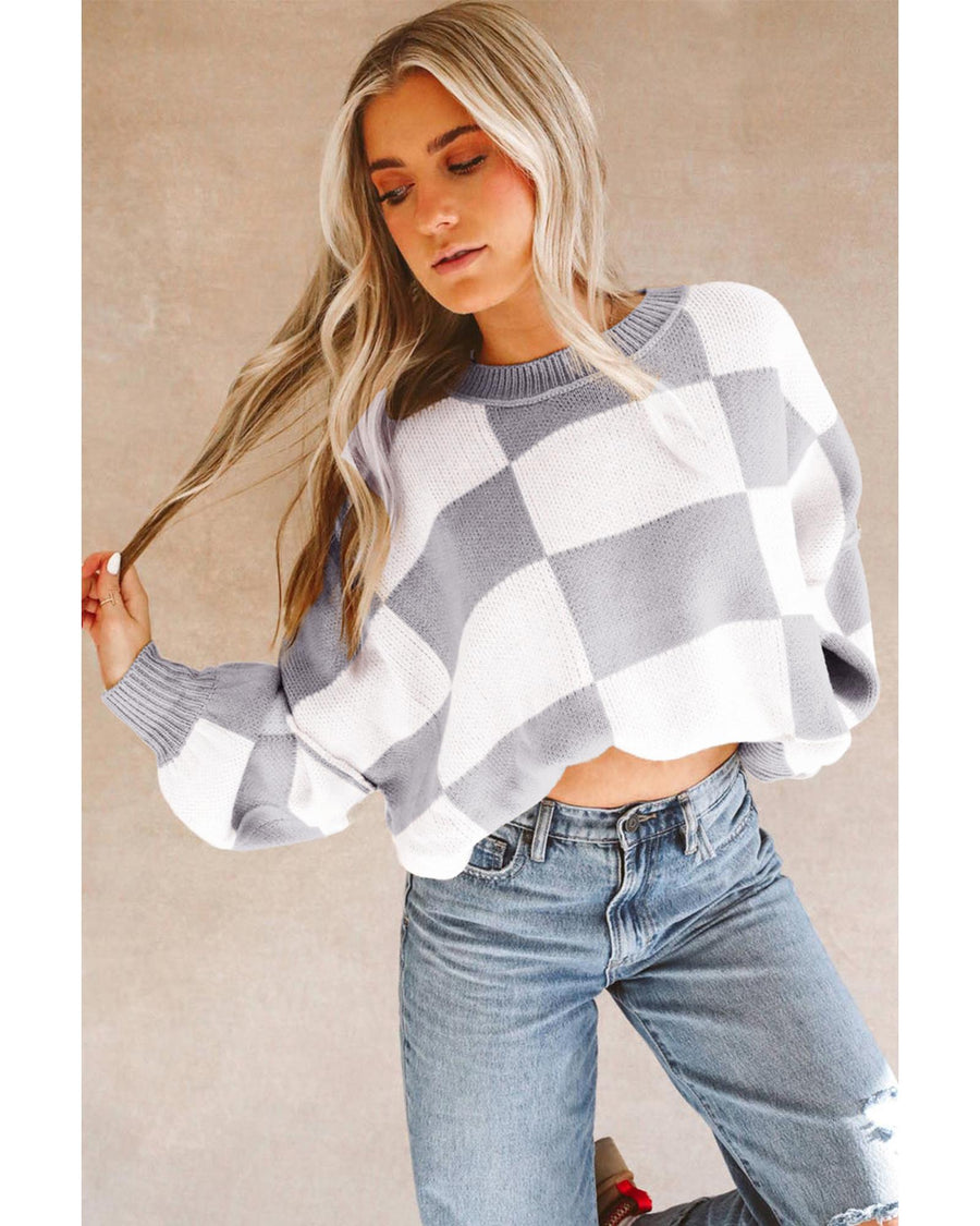 Gray Checkered Bishop Sleeve Sweater - XL