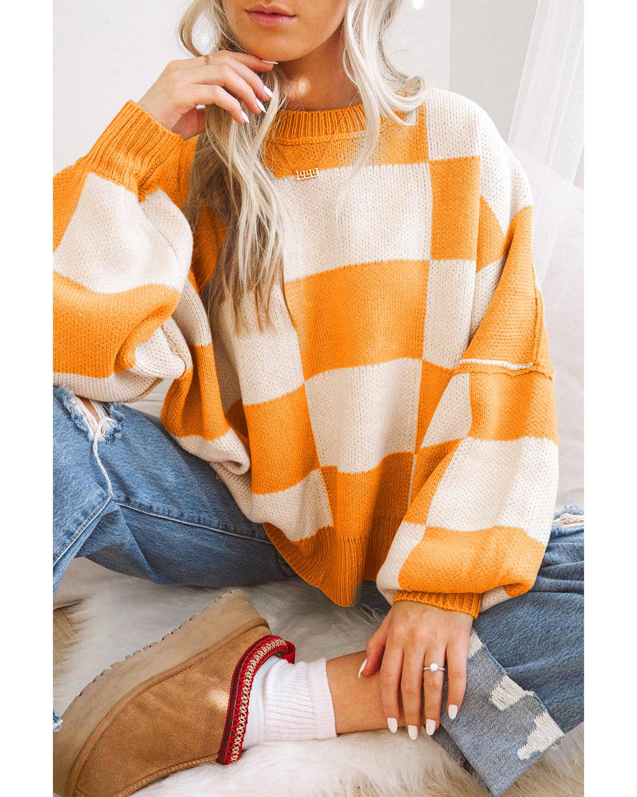 Orange Checkered Bishop Sleeve Sweater - M