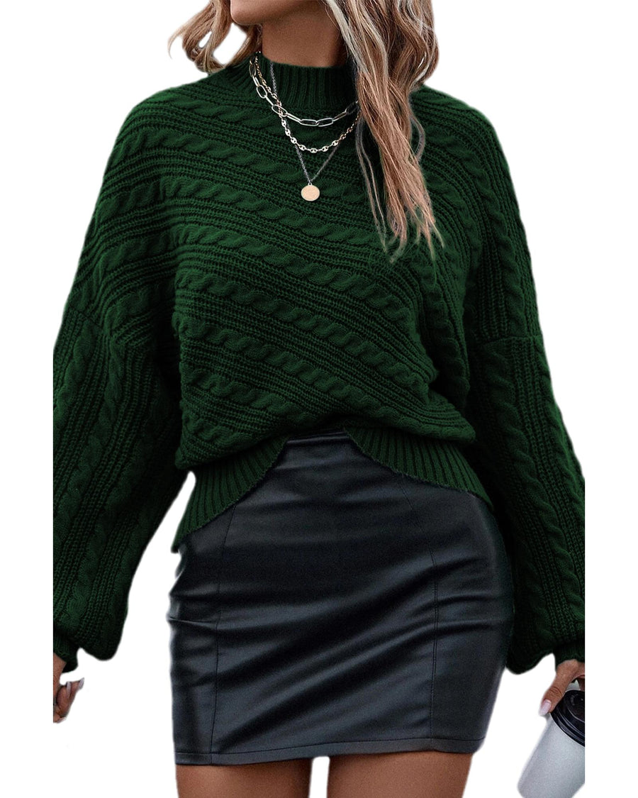 Blackish Green Mock Neck Lantern Sleeve Cable Knit Sweater - XL