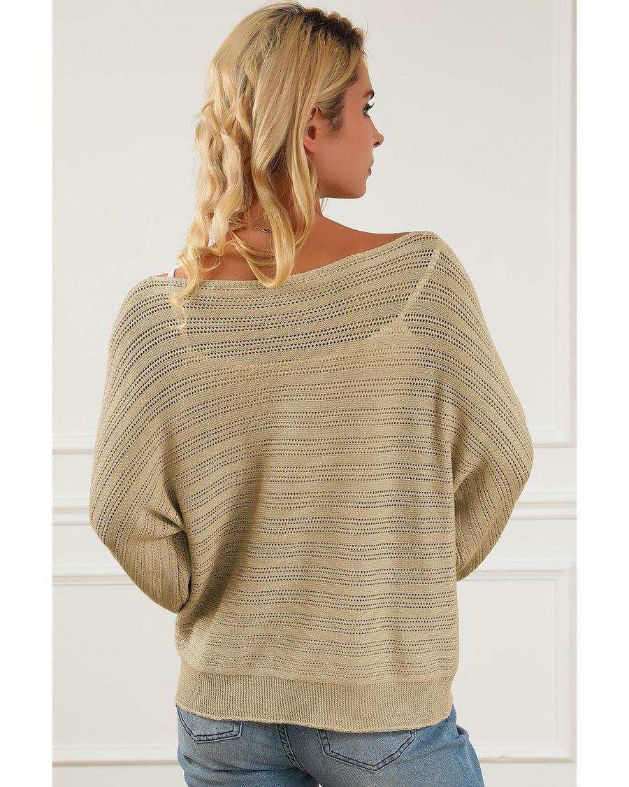 Apricot Lantern Sleeve Eyelets Textured Knit Sweater - M