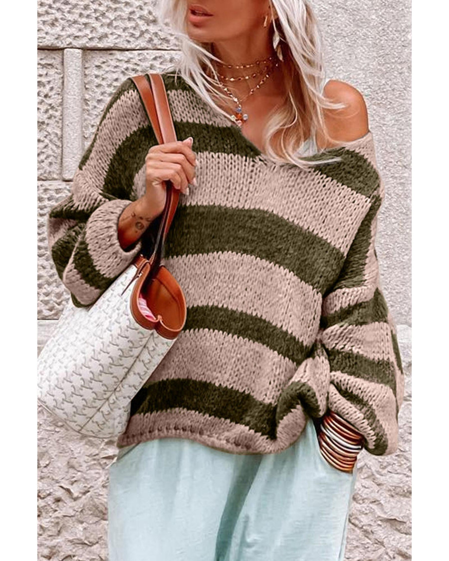 Green Striped Colorblock Knit V Neck Loose Fit Sweater - L