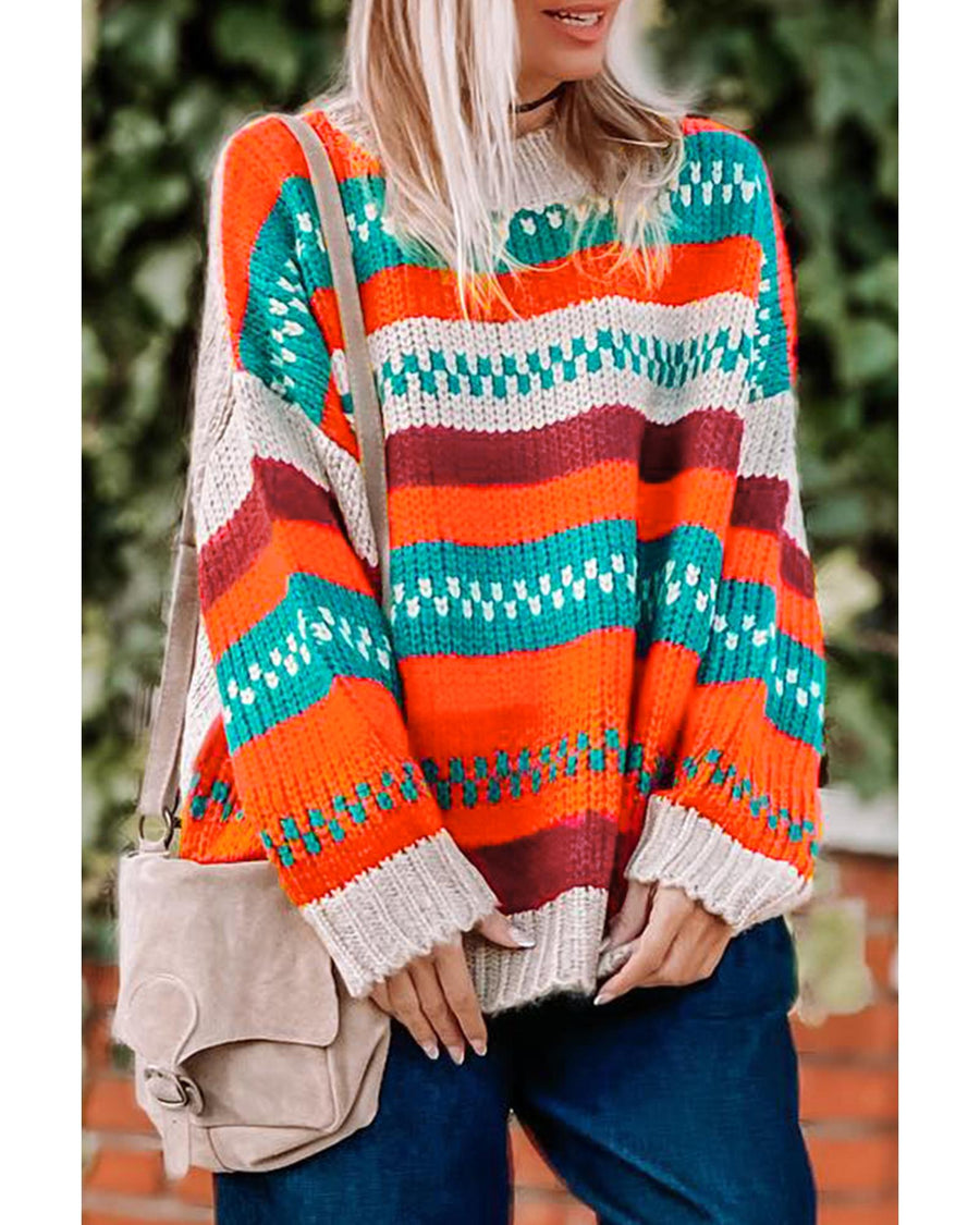 Multicolor Color Block Striped Loose Sleeve Sweater - M
