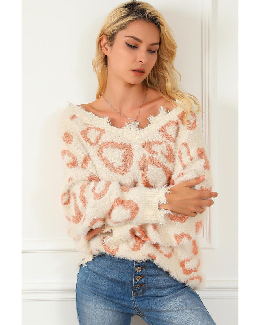 Leopard Animal Print Distressed Trim Fuzzy Sweater - L