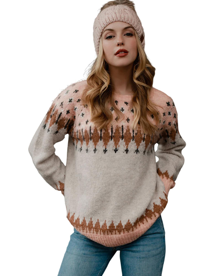 Multicolor Mixed Geometric Detail Raglan Sleeve Sweater - M