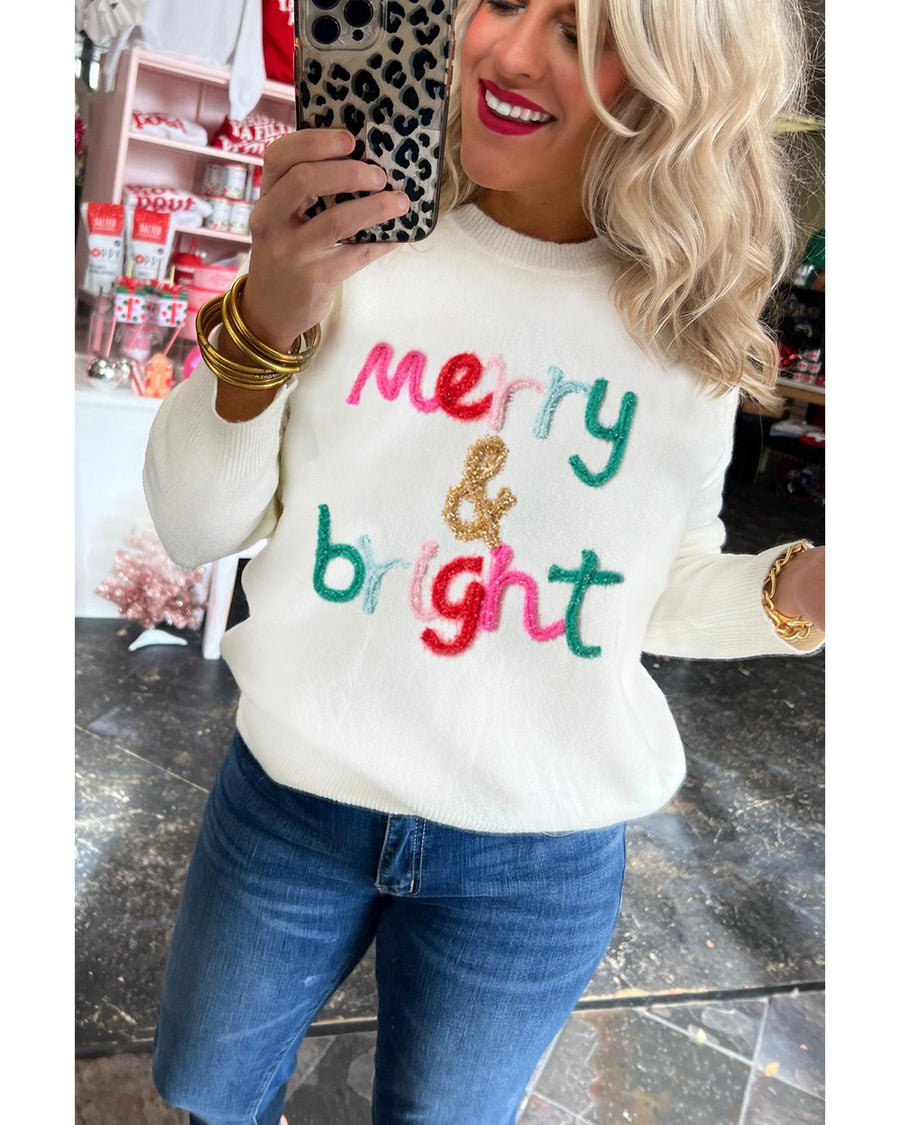 White Merry & Bright Round Neck Casual Sweater - M