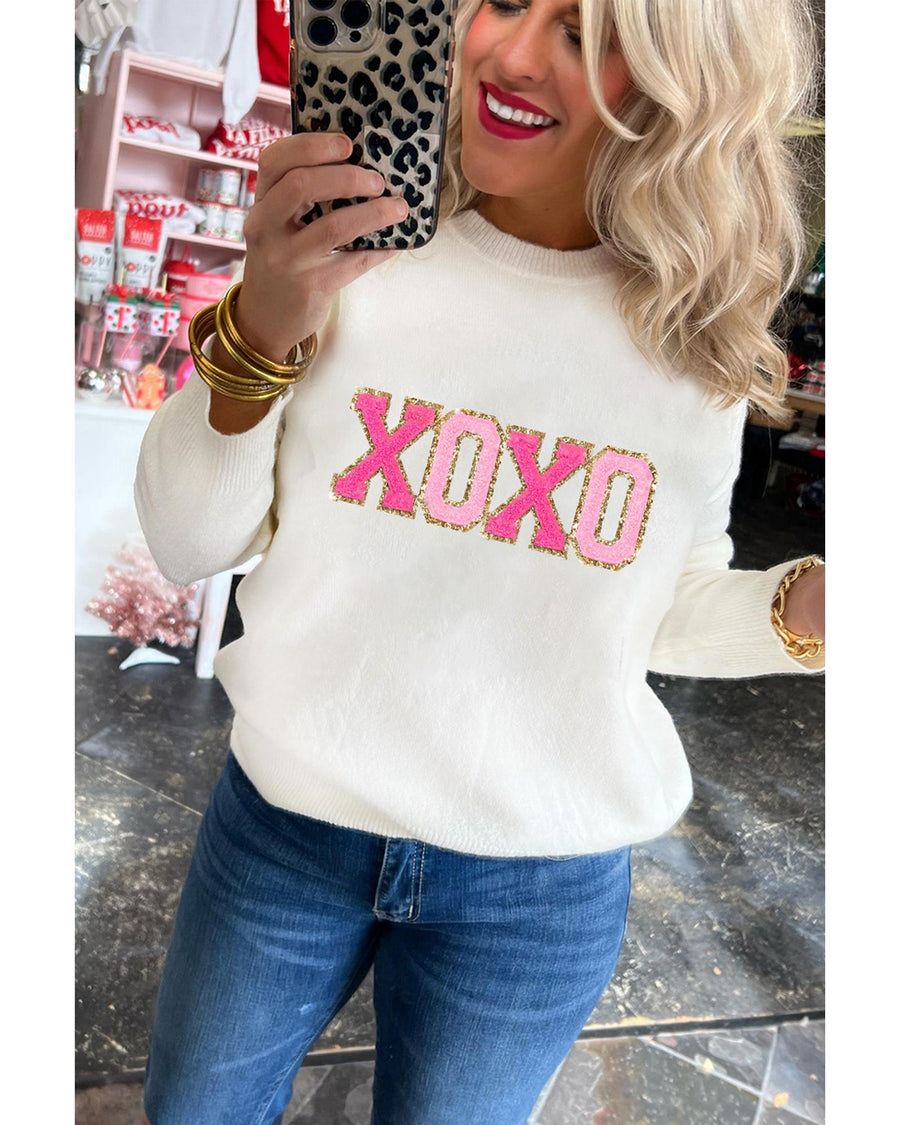 White XOXO Glitter Print Round Neck Casual Sweater - 2XL