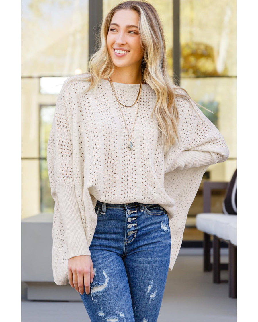 Beige Ribbed Hollow Knit Dolman Sleeve Sweater - S