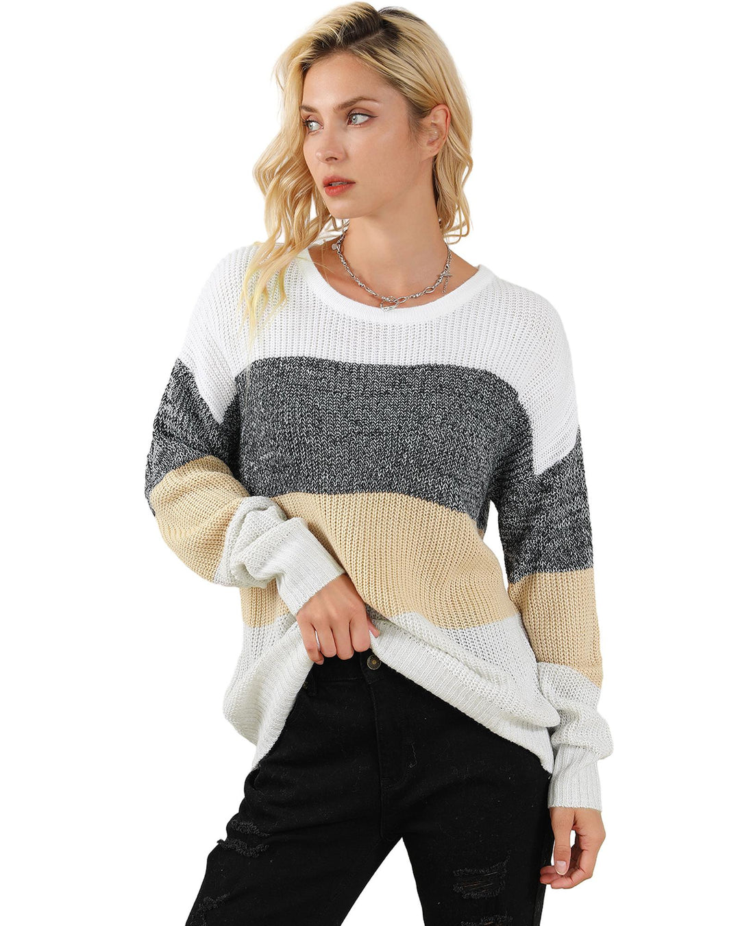 Multicolour Color Block Drop Shoulder Knit Sweater - M