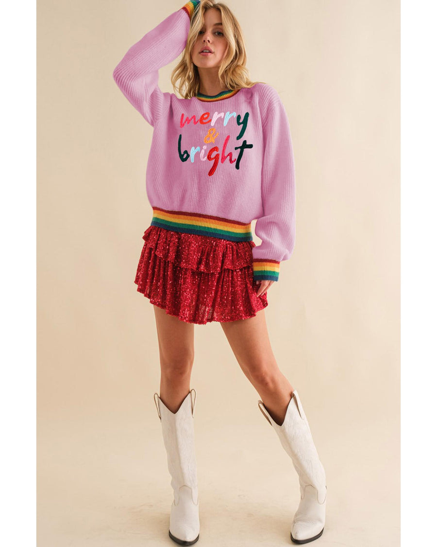 Bonbon Merry & Bright Colorful Stripes Trim Sweater - M