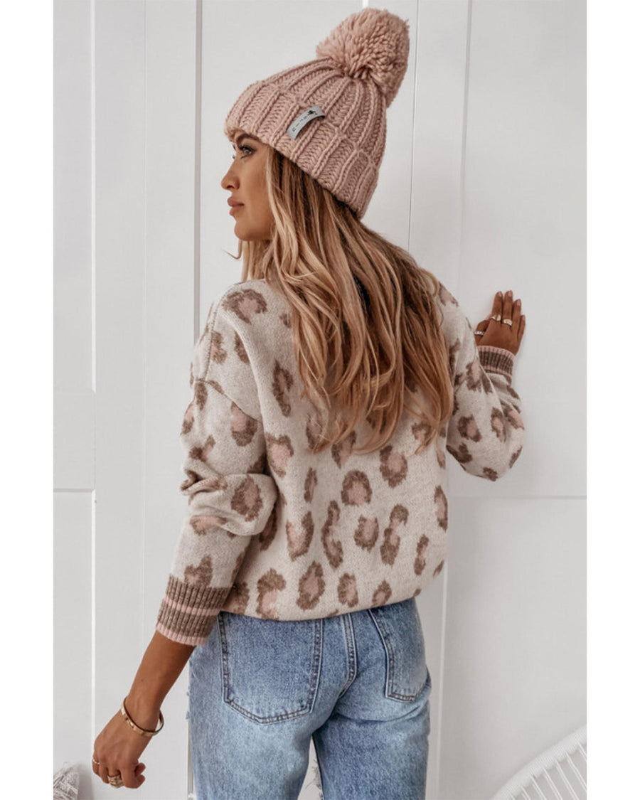 Brown Two-tone Ribbed Trim Contrast Leopard Sweater - XL