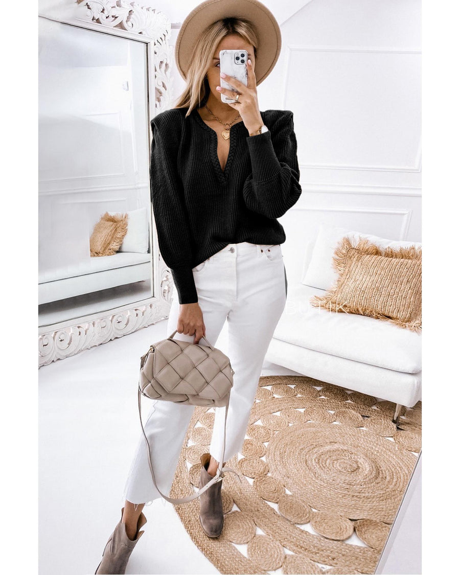 Black Braided Notched V Neckline Puff Sleeve Knitted Sweater - L