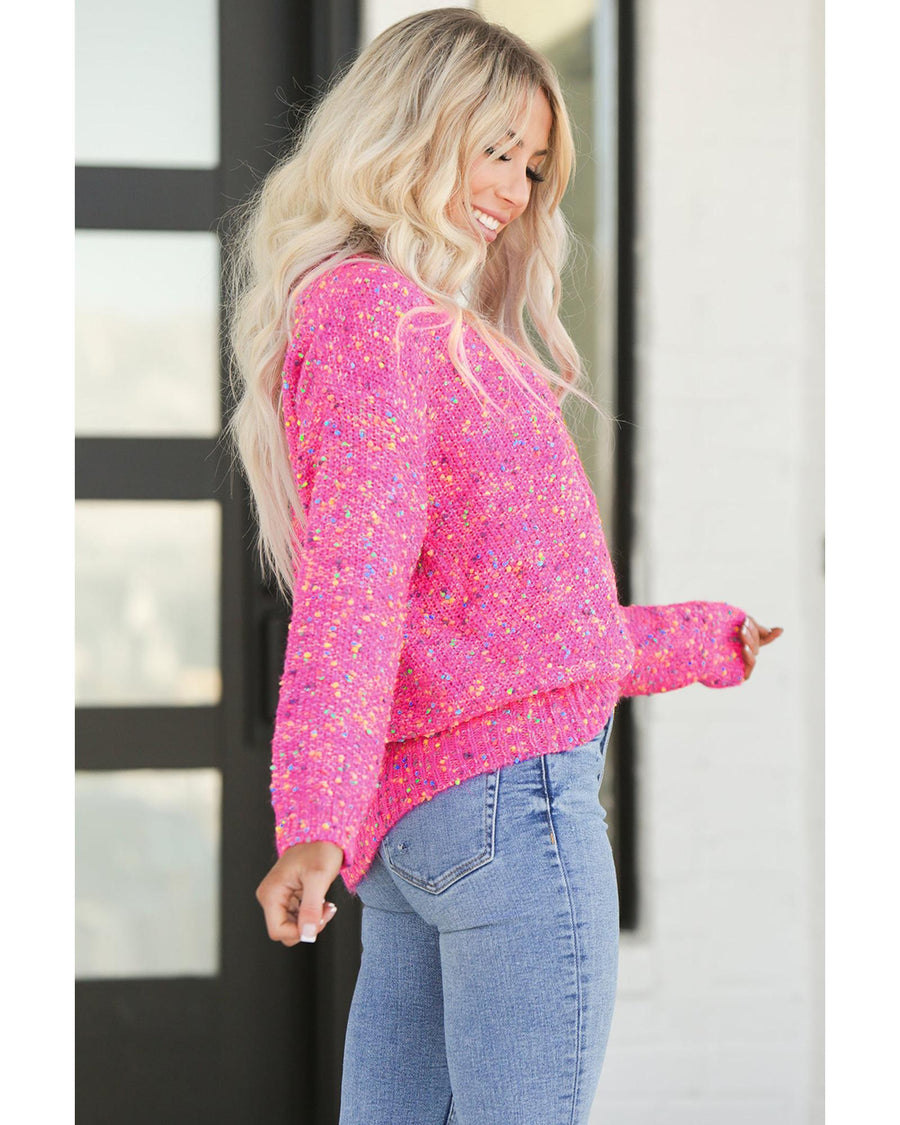 Dark Pink Colorful Spots Knitted V Neck Casual Sweater - XL