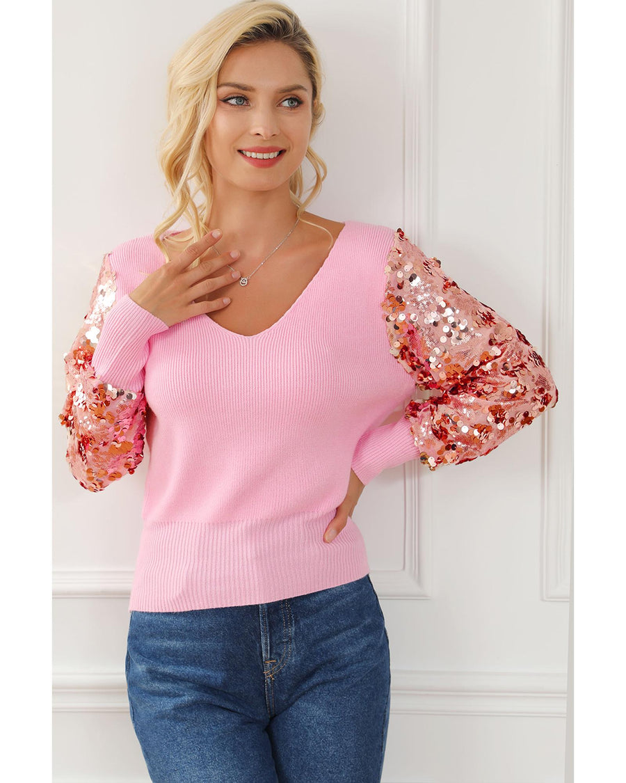 Pink Contrast Sequin Sleeve V Neck Ribbed Knit Sweater - M