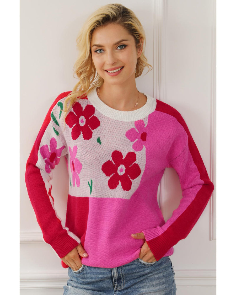Rose Red Floral Mixed Color Block Sweater - L