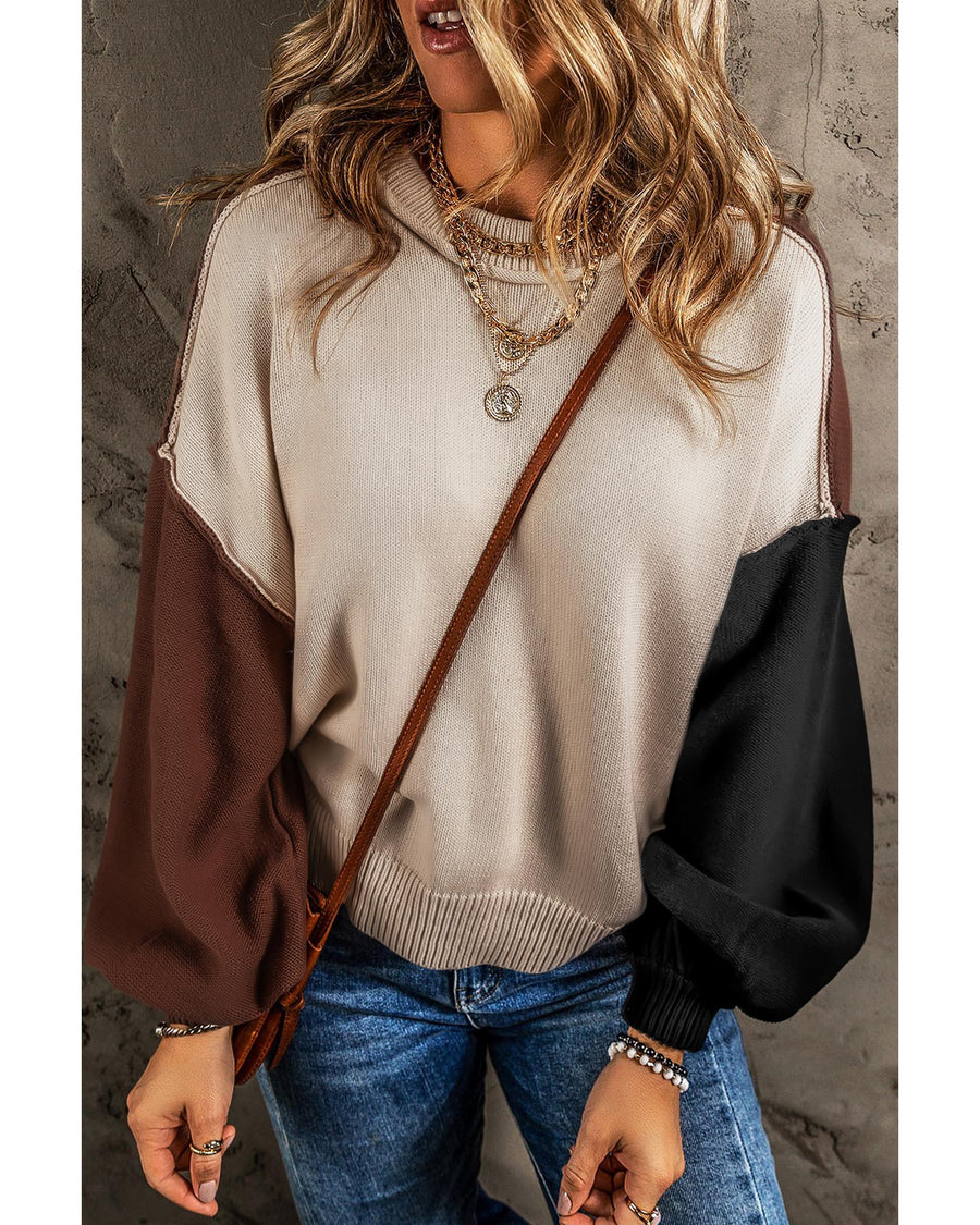 Coffee Colorblock Bishop Sleeve Ribbed Trim Sweater - XL