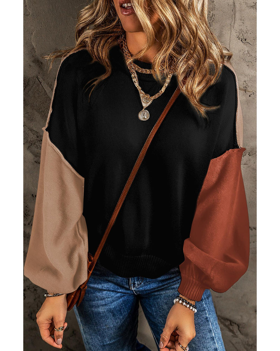 Black Colorblock Bishop Sleeve Ribbed Trim Sweater - M