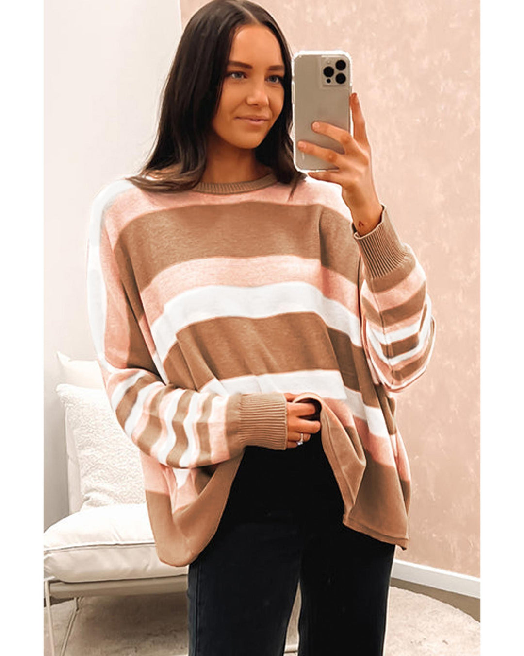 Multicolour Striped Knit Drop Shoulder Loose Sweater - S