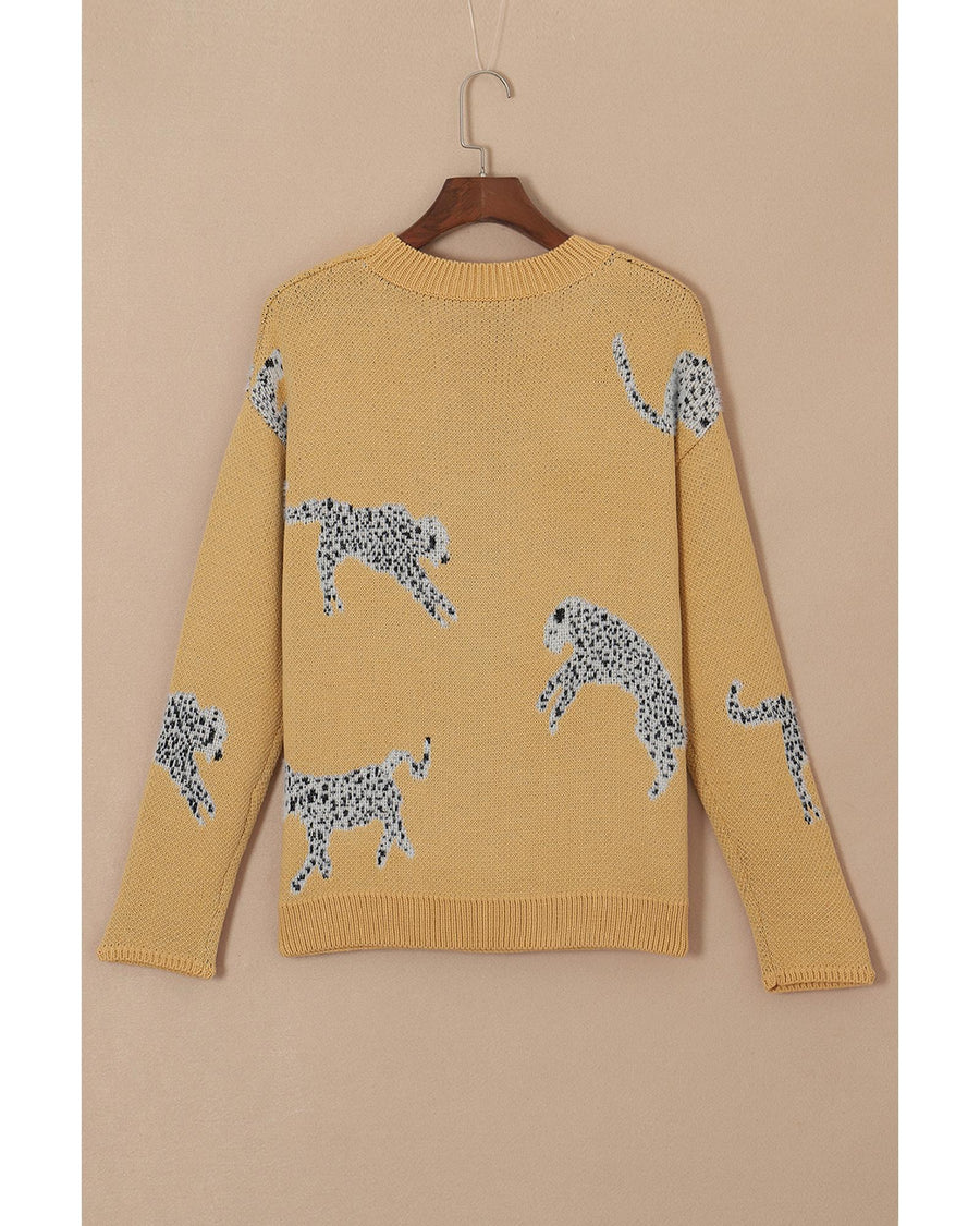Camel Fuzzy Cheetah Accent Round Neck Sweater - L