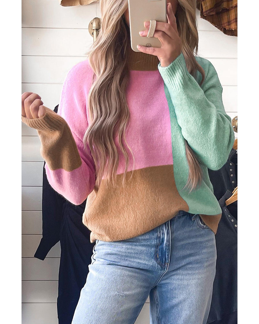 Multicolour Colorblock Mock Neck Ribbed Trim Sweater - L