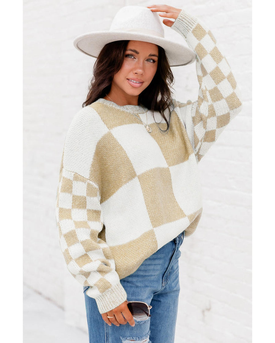 Flaxen Checkered Print Drop Shoulder Sweater - M
