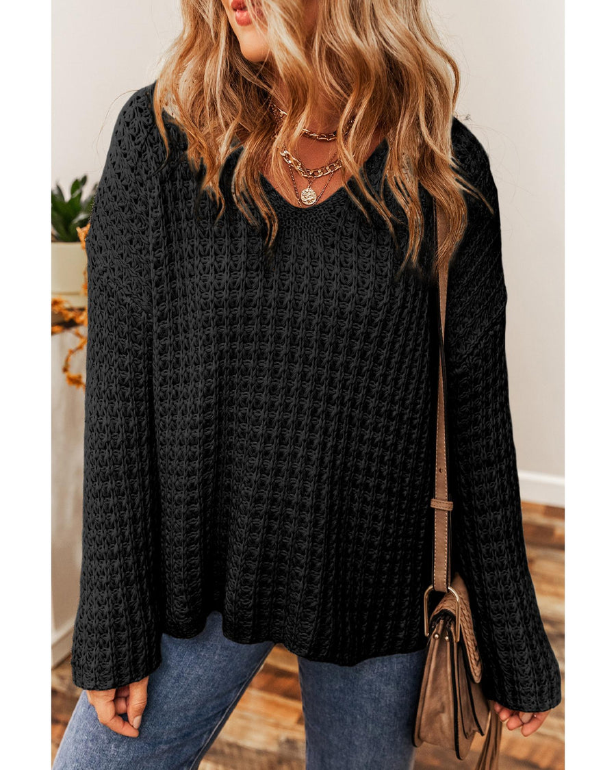 Black Hollow-out Crochet V Neck Sweater - S