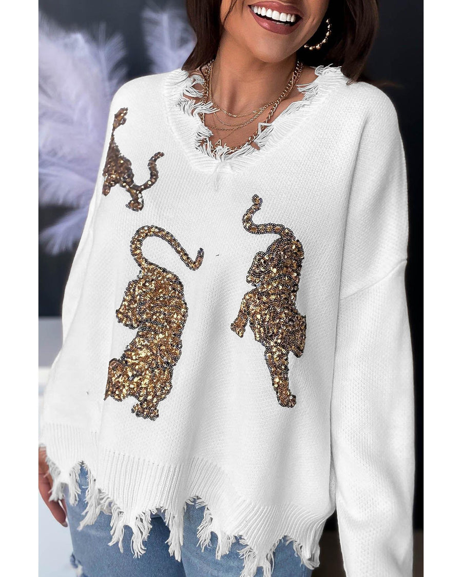 White Frayed Sequin Tiger Sweater - S