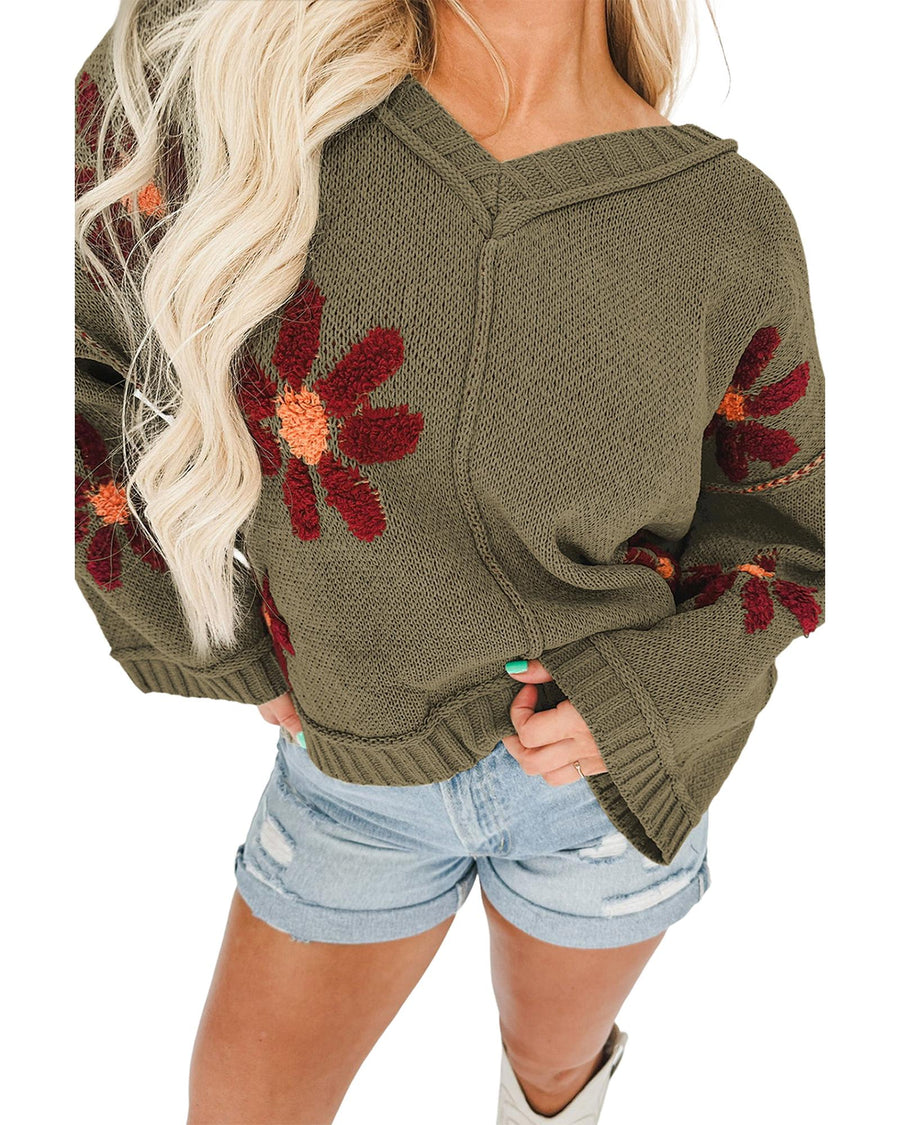 Sage Green Flower Knit Ribbed Trim V Neck Sweater - S