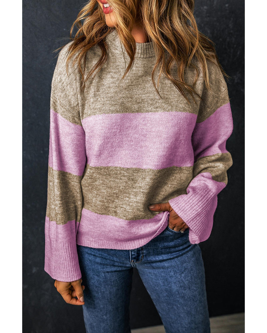 Rose Stripe Crew Neck Wide Sleeve Colorblock Sweater - XL