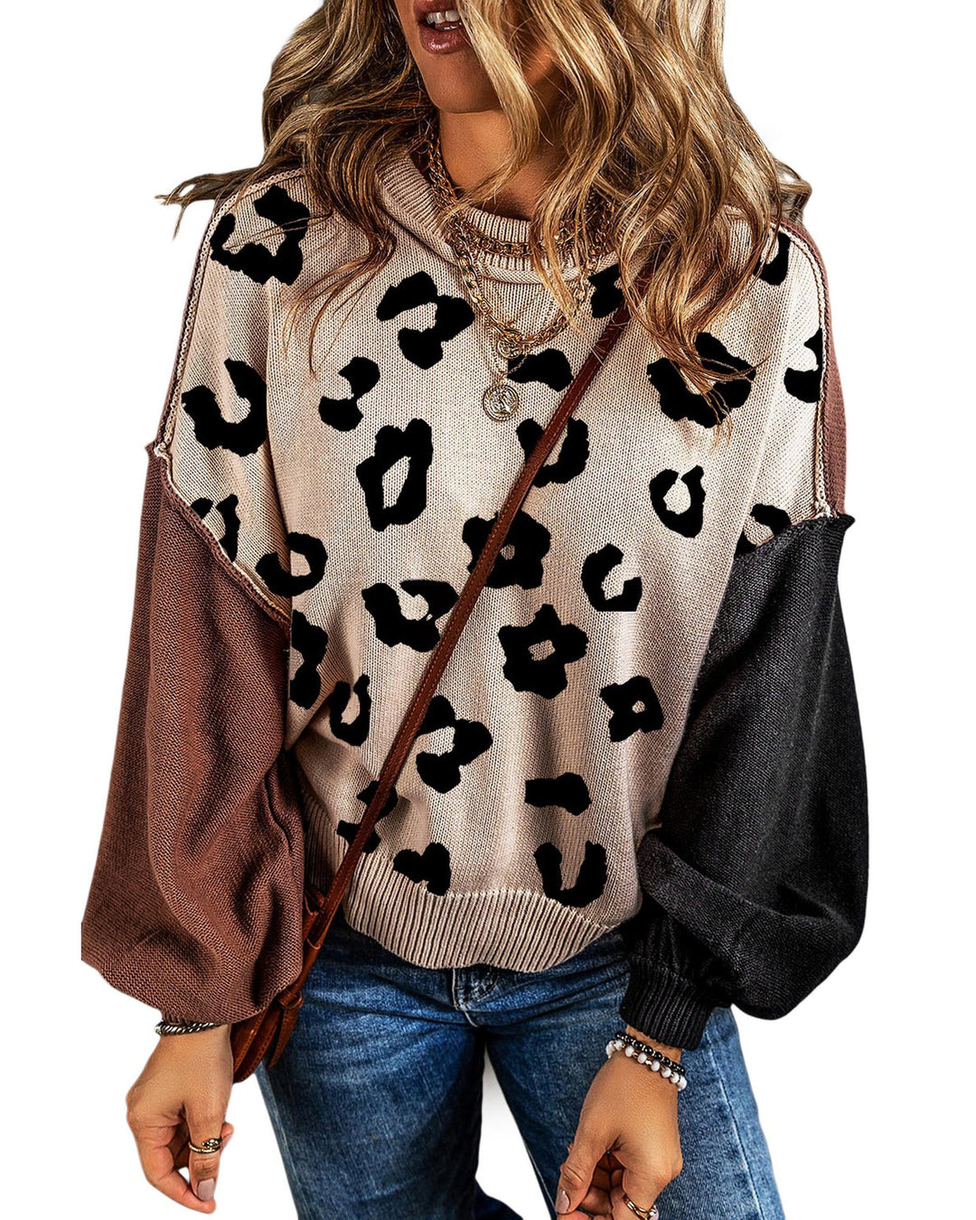 Coffee Leopard Print Colorblock Pullover Sweater - M